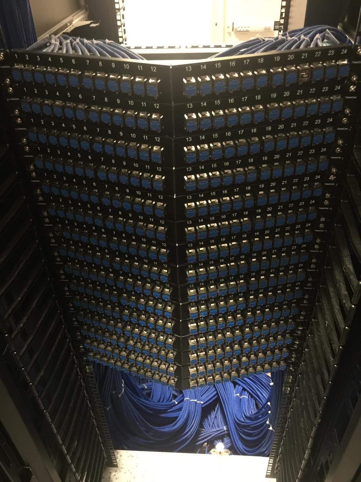 Panouri de fibră optică conectate într-un rack de rețea